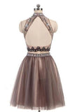 A-Line Beads Charming High Neck Open Back Two Pieces Tulle Homecoming Dresses For Teens JS401