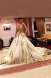 Gold Lace Long Sleeves V-Neck Beading Chapel Train Ball Gown Wedding Dresses F292