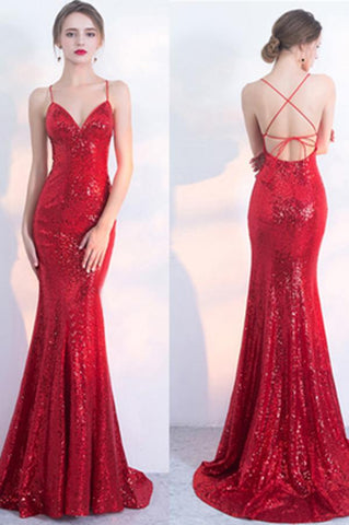 V-Neck Red Mermaid Spaghetti Straps Sparkly Backless Sleeveless Sequins Evening Dresses JS242