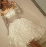 Noble Sparkle White Sequined Lace Prom Dress Sexy Off The Shoulder Long Sleeves Party Dress L86