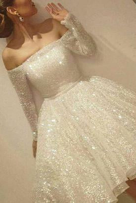 Noble Sparkle White Sequined Lace Prom Dress Sexy Off The Shoulder Long Sleeves Party Dress L86