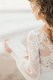 Elegant A Line See Through Long Sleeve Lace Appliques Ivory Beach Wedding Dresses JS873