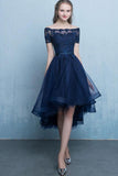 Dark Blue Lace Tulle Short Sleeve High Low Round Neck A-Line Short Prom Dresses JS408