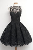 A-Line Scalloped-Edge Sleeveless Vintage Black Lace Knee-Length Homecoming Dress JS235