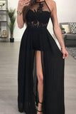 A-line Halter See-through Black Floor Length Appliqued Chiffon Sexy Long Prom Dresses uk