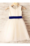 Ivory A-line Scoop Sleeveless Bowknot Tea-Length Tulle Flower Girl Dresses With Belt GD00005