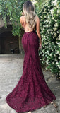 Amazing Lace Maroon V Neck Spaghetti Strap Long Lace Burgundy Prom Dresses JS578