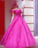 Princess Fuchsia Tulle Off-the-Shoulder Ball Gown Sweetheart Lace Appliques Prom Dresses JS262