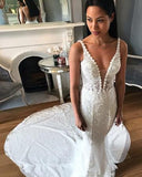 Mermaid Deep V Neck Backless Sweep Train Wedding Dresses with Lace Appliques JS847