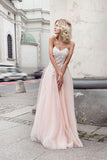 A Line Sweetheart Tulle Pink Prom Dresses with Appliques Beach Wedding Dresses JS970