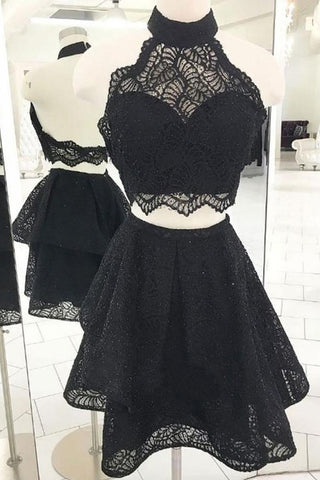 Fashion A Line Two Pieces Halter Backless Black Lace Short Homecoming Dresses JS983