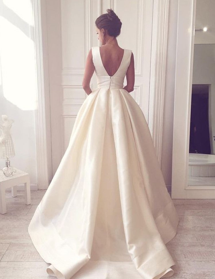Buy Simple A-Line V Neck Open Back Ivory Satin Wedding Dresses with ...