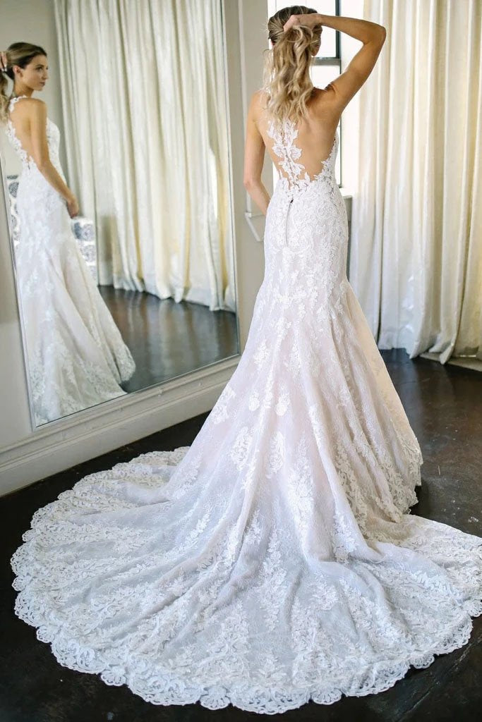 Buy Charming Mermaid Ivory Sleeveless Lace Wedding Dresses with ...