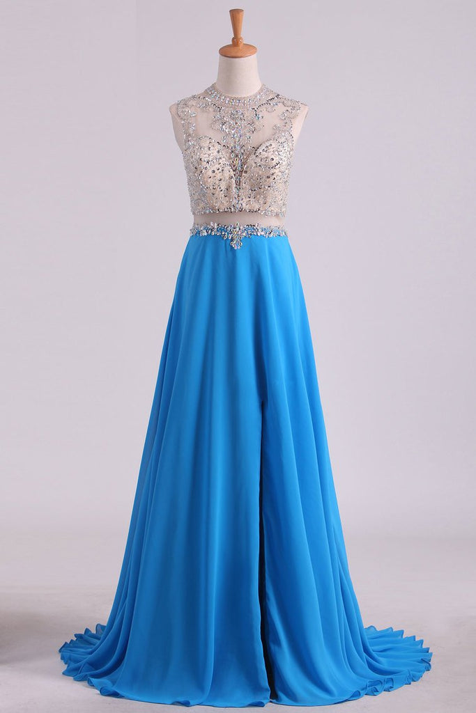 Scoop A Line Prom Dresses Beaded Bodice Chiffon & Tulle With Slit ...