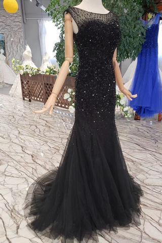 Buy Mermaid Black Sequins Tulle Bodice Prom Dresses with Straps Long ...