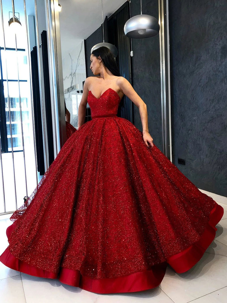 Buy Sparkly Ball Gown Burgundy Strapless Sweetheart Prom Dresses, Long ...
