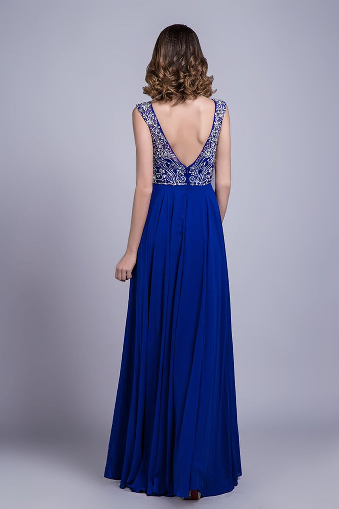 Prom Dresses A-Line Scoop Floor-Length Dark Royal Blue Chiffon Beaded ...
