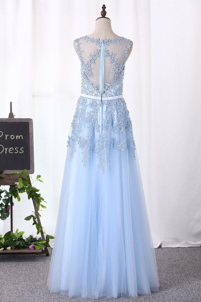 Buy A Line Prom Dresses Scoop Tulle With Applique Floor Length Online ...