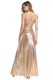A Line Spaghetti Straps Sequins V Neck Backless Prom Dresses with Side Slit Formal Dress SJS15030