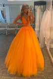 Orange V-Neck Tulle Lace A-Line Appliques Evening Dresses Long Prom Dresses