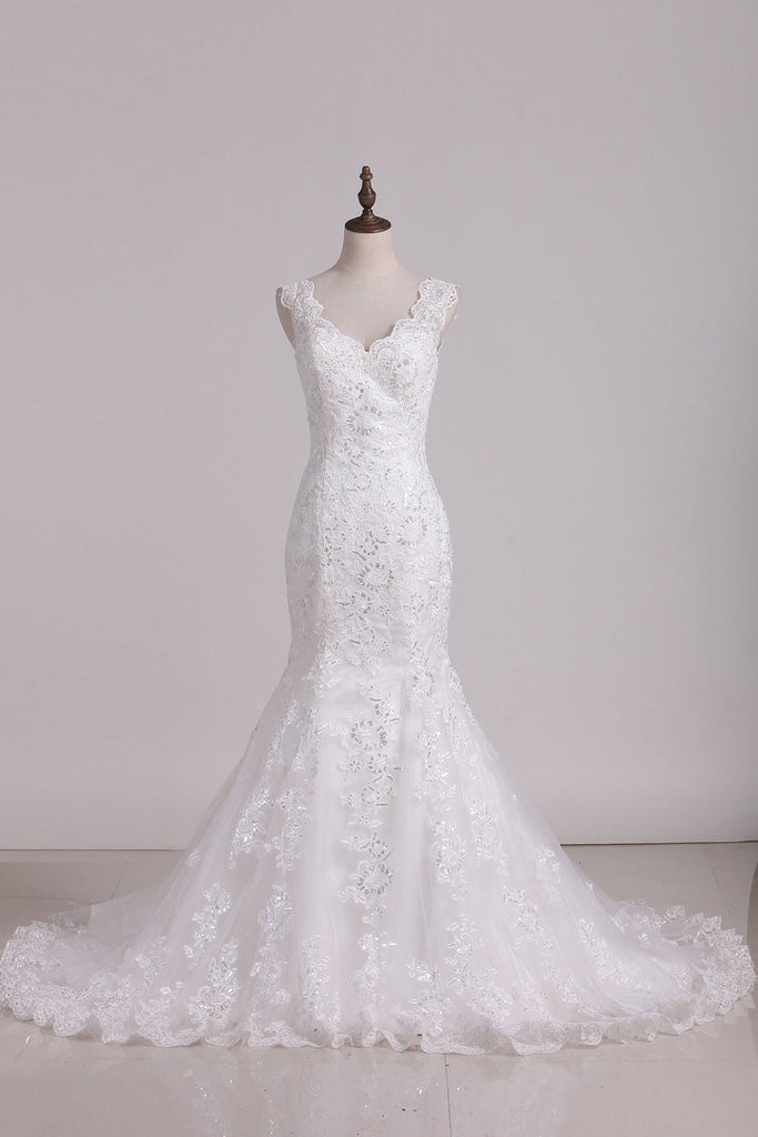 Wedding Dress V Neck With Applique Mermaid/Trumpet Tulle Chapel Train ...