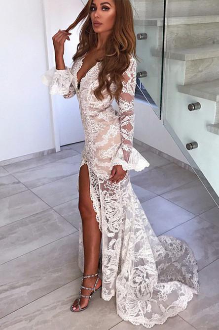 Buy Long Sleeves Mermaid Lace V Neck Wedding Dresses with Slit, Wedding ...