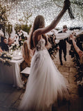 A Line Spaghetti Straps 3D Flower Lace Tulle Bridal Dresses, Wedding SJS20382