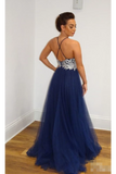 A Line Navy Blue Tulle Prom Dresses Spaghetti Back Crossed Straps Prom Gown