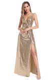A Line Spaghetti Straps Sequins V Neck Backless Prom Dresses with Side Slit Formal Dress SJS15030