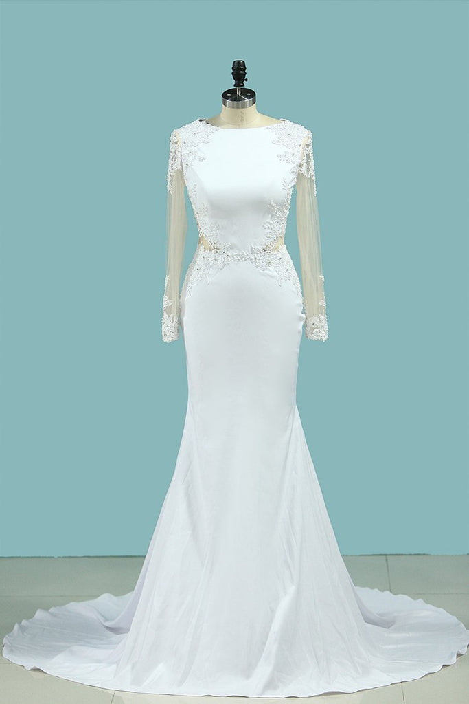 Wedding Dresses Mermaid Scoop Long Sleeves Elastic Satin With Appliuque ...