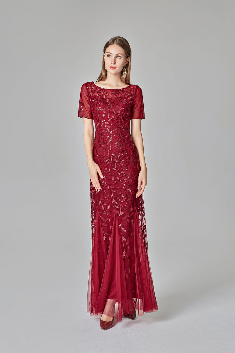 Buy Elegant Mermaid Burgundy Tulle Prom Dresses Round Neck Long Evening ...
