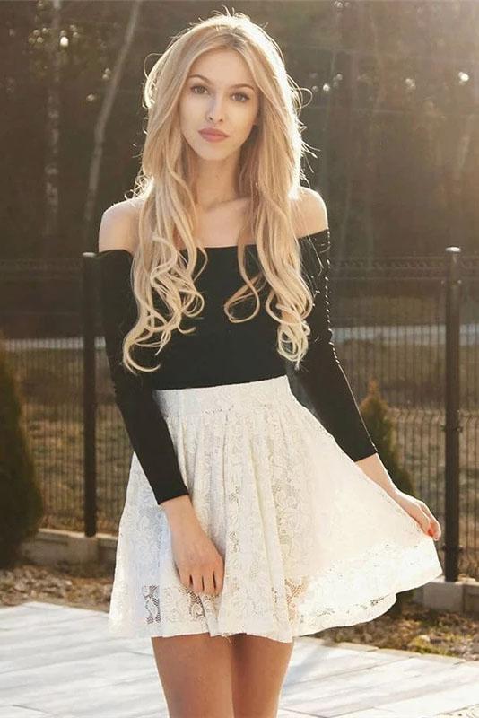 Buy Long Sleeve Off the Shoulder Black and Ivory Above Knee Homecoming ...