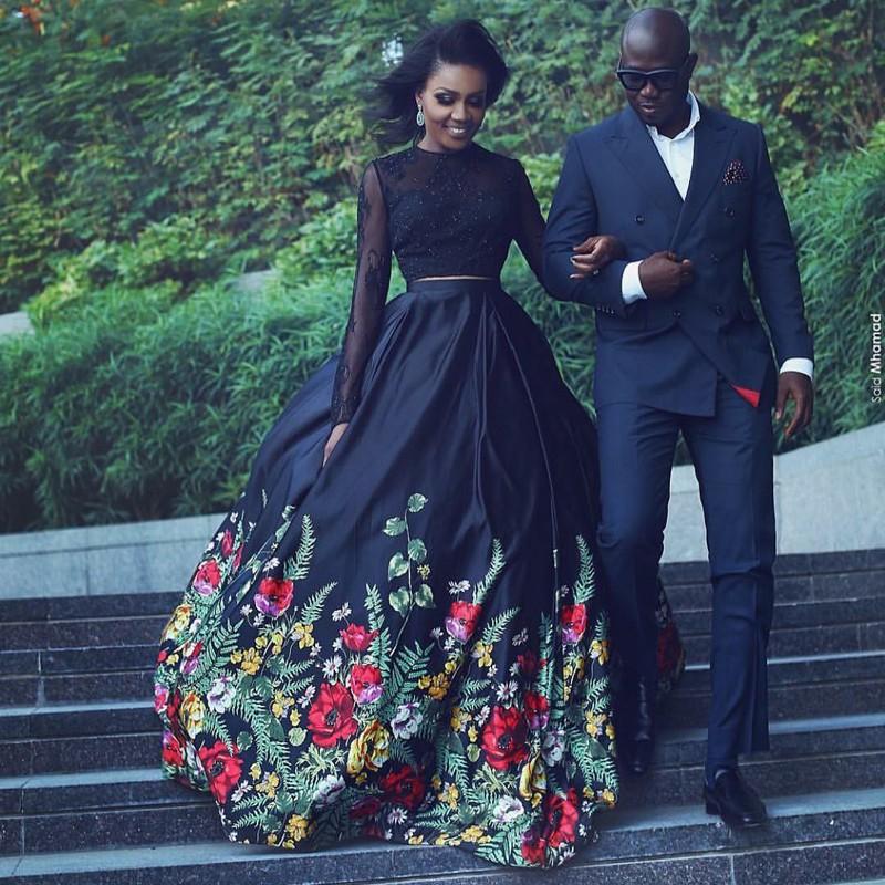 Two Piece Long Sleeve Formal Gowns, Black Long Slit Lace Prom Dress SP0349
