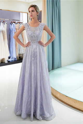 Elegant Tulle Round Neck Floor Length With Appliques Prom Dresses
