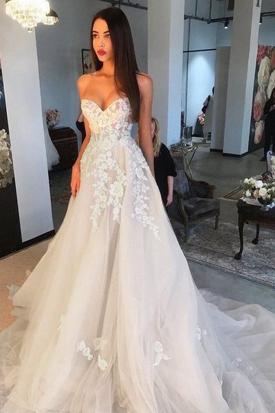Rose Gold Lace Ball Gown Sweetheart Applique Tulle A-line Wedding Dres –  Wish Gown