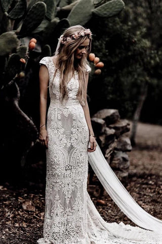 Unique Floral Lace Chiffon Wedding Gown Flowy Beach Wedding Dress AWD1873