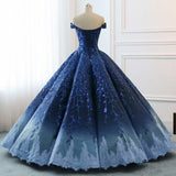 Buy Ball Gown Navy Blue Lace Applique Ombre Off the Shoulder Princess ...