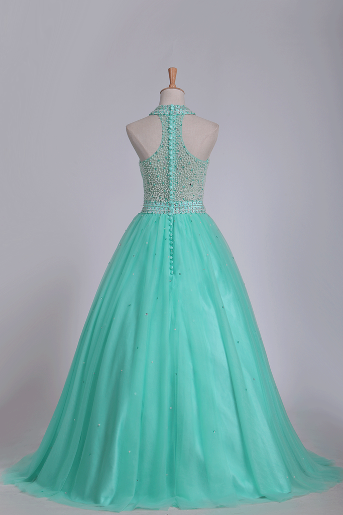 Mint Ball Gown High Neck Beaded Bodice Prom Dresses Tulle Floor Length ...