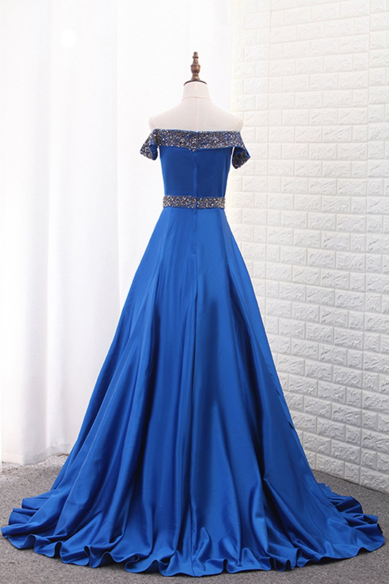 Boat Neck Satin A Line With Beads Sweep Train Prom Dresses Online – jolilis