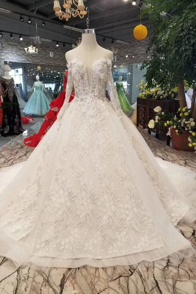 Lace Wedding Dresses Off-The-Shoulder Long Sleeves Royal Train Online ...