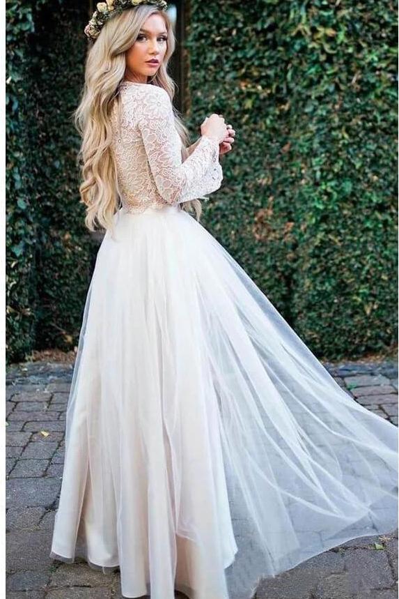Buy Princess Long Sleeve Lace Top Beach Wedding Dresses With Slit Tulle ...