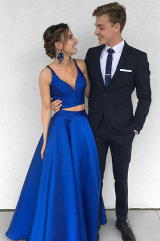 A Line Two Pieces Spaghetti Straps Simple Long Cheap V Neck Blue Sleeveless Prom Dress JS637