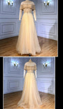 Beading A-Line Chic Sheer Neck Evening Dresses Tulle Long Prom Dresses