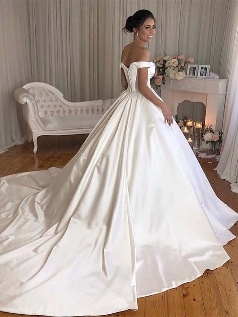 Buy Simple Princess Ivory Ball Gown Sweetheart Satin Off the Shoulder ...