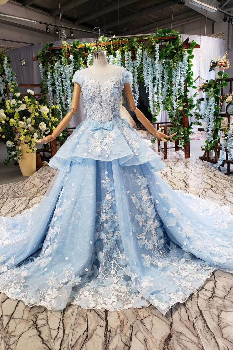 Buy Princess Light Blue Ball Gown Cap Sleeve Prom Dresses with 3D ...